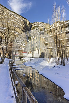 Winter pyrenes landscape near Village of Canillo, trekking and cycling trail. photo