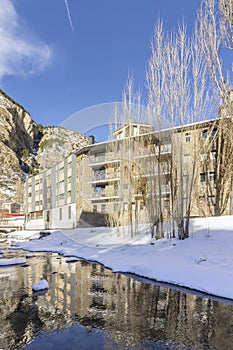 Winter pyrenes landscape near Village of Canillo, trekking and cycling trail. photo