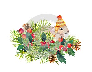 Winter rabbit, flowers, pine tree, mistletoe. Christmas watercolor for greeting card with cute animal