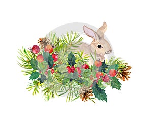 Winter rabbit, flowers, pine tree, mistletoe. Christmas watercolor for greeting card with cute animal