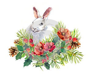 Winter rabbit, flowers, pine tree, mistletoe. Christmas watercolor for greeting card with cute animal