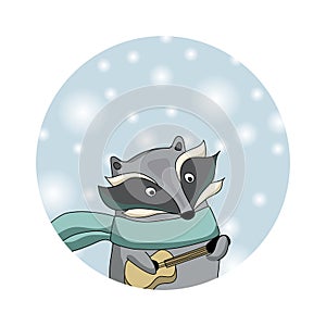 Winter raccoon. Christmas card.