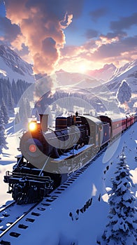 Winter rail journey Steam locomotive in a picturesque snowy landscape