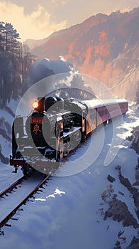 Winter rail journey Steam locomotive in a picturesque snowy landscape
