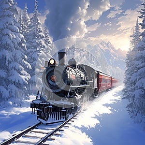 Winter rail journey Steam locomotive in a picturesque snowy landscape