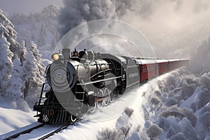 Winter rail journey Steam locomotive in a picturesque snowy landscape