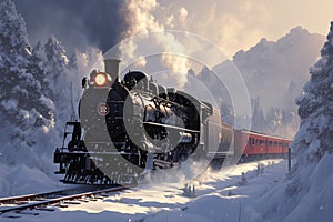 Winter rail journey Steam locomotive in a picturesque snowy landscape