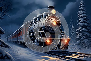 Winter railway 3D digital painting captures steam locomotive in snowy woods