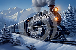 Winter railway 3D digital painting captures steam locomotive in snowy woods