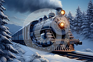 Winter railway 3D digital painting captures steam locomotive in snowy woods