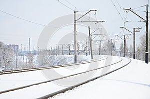 Winter railway landscape, Railway tracks in the snow-covered industrial country