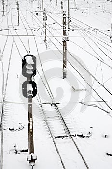 Winter railway landscape, Railway tracks in the snow-covered industrial country