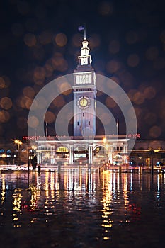 Winter Rain at San Francisco Ferry Building with Light Reflections