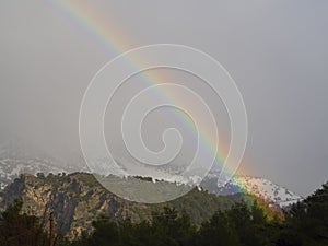 Winter rainbow in the forest and snowy mountains Dirfys on the island of Evia in Greece