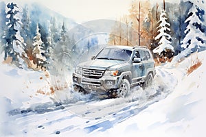 Winter-ready SUV with robust all-terrain tires tackling snow-covered mountain routes