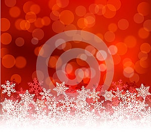 Winter red bokeh xmas background with snowflakes. Christmas bokeh holiday decoration for greeting card