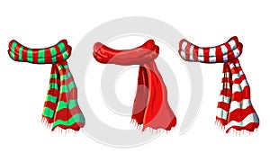 Winter red scarf collection isolated on white background. illustration of red, green white striped scarves. christmas or