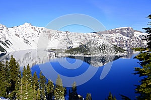 Winter reflection at Crater Lake Oregon USA