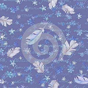 Winter repeated pattern with snow and feathers, watercolor