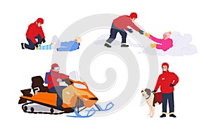 Winter rescuers team with dog and various equipment to save people lives isolated on white