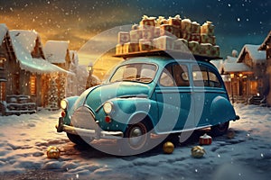 winter retro festive holiday gift candy christmas car snow merry. Generative AI.