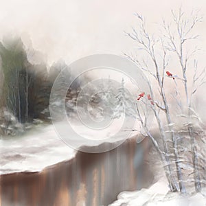 Winter river birds watercolor landscape in mist