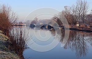 Winter River Dender and Boats, Belgium