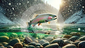 Winter River Fish Jumping Clear Green Water Rainbow Trout Snowing AI Generated