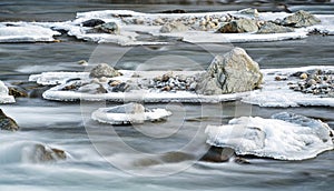Winter river flowing around snow and ice covered rocks, long exposure photo with silky smooth water