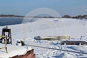 Winter landscape of the river Bank where the pier boats.