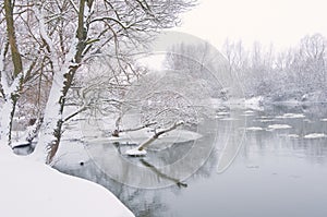 Winter river, when it is snowing