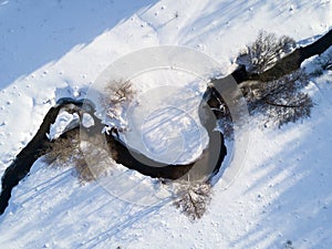 Winter river. Top down aerial view.