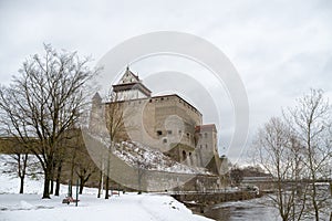 Winter on riverside in Estonia, Narva town.