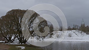 Winter on riverside in Estonia, Narva town.