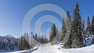 A winter road, cleared of snow, climbs the hill.