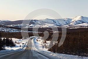 Winter road, hills, Magadan