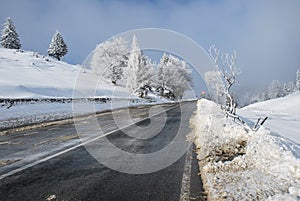 Winter road landscape. Beautifull winter scene in Romanian Carpathians