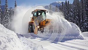 Winter road maintenance snow plow clearing snowy roads during severe weather conditions