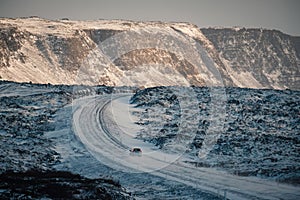 Difficult driving conditions in winter season in Iceland.