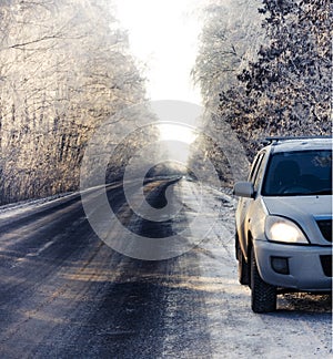 Winter Road with suw car snowing in winter season