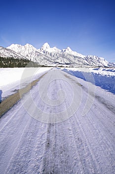 Winter Road To Grand Tetons, Jackson, Wyoming