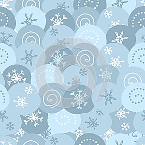 Winter round snowballs with snowflakes seamless pattern. Simple doodle print for tee, paper, fabric, textile. Hand drawn vector