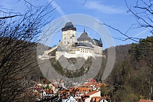 Winter royal gothic Castle Karlstejn near Prague in the sunny Day, Czech republic