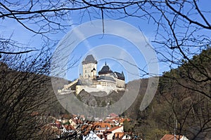 Winter royal gothic Castle Karlstejn near Prague in the sunny Day, Czech republic