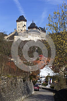 Winter royal gothic Castle Karlstejn near Prague in the sunny Day, Czech republic