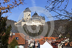 Winter royal gothic Castle Karlstejn near Prague in the sunny Day, Czech republic