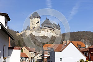 Winter royal gothic Castle Karlstejn near Prague in the sunny Day, Czech republic