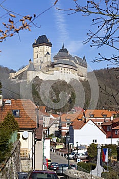 Winter royal gothic Castle Karlstejn near Prague in the sunny Day, Czech republic