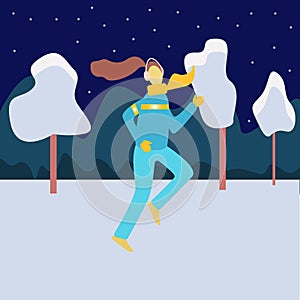 Winter running concept. Young athletic woman doing jogging in winter colored city park. Evening or early morning winter