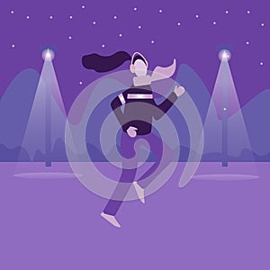 Winter running concept. Young athletic woman doing jogging in winter colored city park. Evening or early morning winter